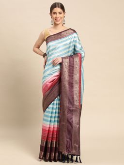 Vastranand - Stripes Pattern Zari Silk Blend Banarasi Saree with Unstitched Blouse
