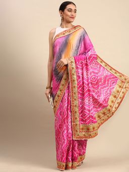 Vastranand - Embroidered Bandhani Satin Saree- Pink with Unstitched Blouse