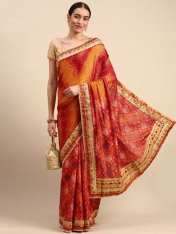 Vastranand - Embroidered Bandhani Satin Saree- Red with Unstitched Blouse