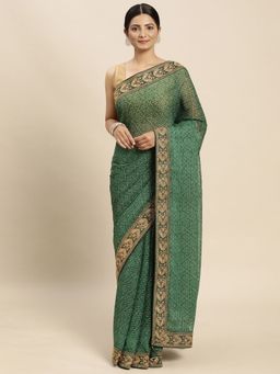 Vastranand - Zari Embroidered Border Bandhani Ari Work Art Silk Saree- Green with Unstitched Blouse