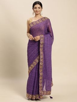 Vastranand - Zari Embroidered Border Bandhani Ari Work Art Silk Saree- Purple with Unstitched Blouse