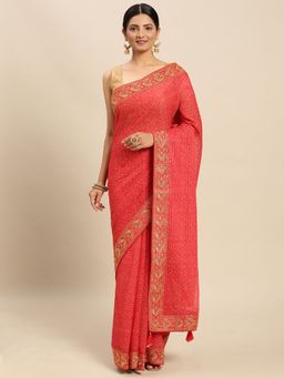 Vastranand - Zari Embroidered Border Bandhani Ari Work Art Silk Saree- Red with Unstitched Blouse