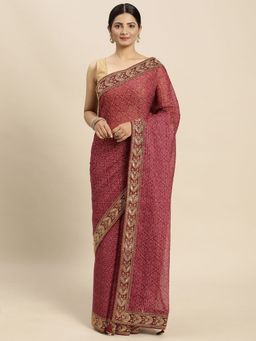 Vastranand - Zari Embroidered Border Bandhani Ari Work Art Silk Saree- Wine with Unstitched Blouse