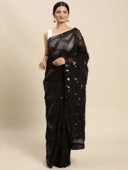 Vastranand - Floral Embellished Sequinned Detail Border Art Silk Saree- Black with Unstitched Blouse