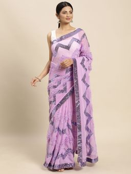 Vastranand - Floral Embellished Sequinned Detail Border Art Silk Saree- Purple with Unstitched Blouse