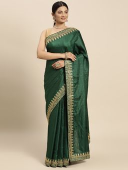 Vastranand - Zari Embroidered Border Banarasi Art Silk Saree- Green with Unstitched Blouse