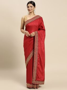 Vastranand - Zari Embroidered Border Banarasi Art Silk Saree- Maroon with Unstitched Blouse