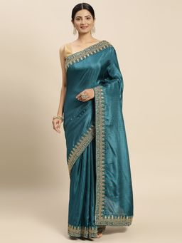 Vastranand - Zari Embroidered Border Banarasi Art Silk Saree- Rama with Unstitched Blouse