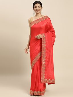 Vastranand - Zari Embroidered Border Banarasi Art Silk Saree- Red with Unstitched Blouse