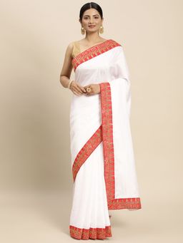 Vastranand - Zari Embroidered Border Banarasi Art Silk Saree- White with Unstitched Blouse