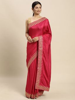 Vastranand - Zari Embroidered Border Banarasi Art Silk Saree- Wine with Unstitched Blouse