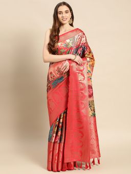 Vastranand - Floral Digital Zari Border Designer Banarasi Saree with Unstitched Blouse