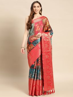 Vastranand - Floral Digital Zari Border Designer Banarasi Saree with Unstitched Blouse