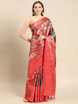 Vastranand - Floral Digital Zari Border Designer Banarasi Saree with Unstitched Blouse