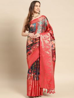Vastranand - Floral Digital Zari Border Designer Banarasi Saree with Unstitched Blouse