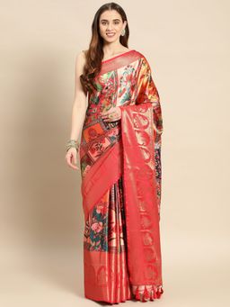 Vastranand - Floral Digital Zari Border Designer Banarasi Saree with Unstitched Blouse