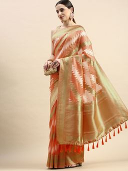 Vastranand - Chevron Pattern Zari woven Design Kanjeevaram Banarasi Saree with Unstitched Blouse