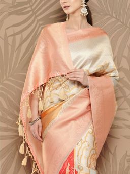 Vastranand - Floral Paisley Zari Woven Design Banarasi Saree With Tassel Border with Unstitched Blouse