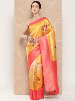 Vastranand - Floral Paisley Zari Woven Design Banarasi Saree & Tassel Border with Unstitched Blouse