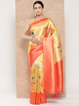 Vastranand - Floral Paisley Zari Woven Design Banarasi Saree With Tassel Border with Unstitched Blouse