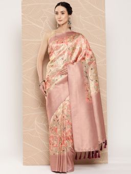 Vastranand - Floral Paisley Zari Woven Design Banarasi Saree With Tassel Border with Unstitched Blouse