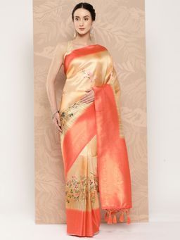 Vastranand - Floral Paisley Zari Woven Design Banarasi Saree With Tassel Border with Unstitched Blouse