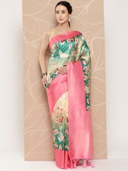 Vastranand - Floral Paisley Zari Woven Design Banarasi Saree With Tassel Border with Unstitched Blouse
