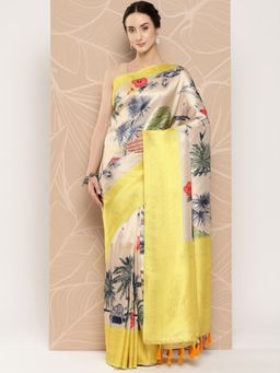 Vastranand - Floral Paisley Zari Woven Design Banarasi Saree With Tassel Border with Unstitched Blouse