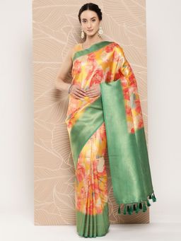 Vastranand - Floral Paisley Zari Woven Design Banarasi Saree With Tassel Border with Unstitched Blouse
