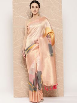 Vastranand - Floral Paisley Zari Woven Design Banarasi Saree With Tassel Border with Unstitched Blouse
