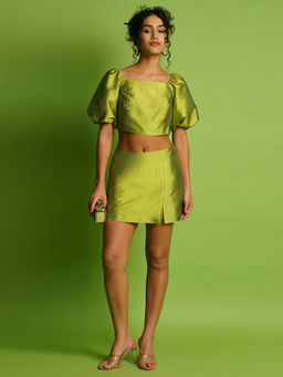 Globus - Women Lime Balloon Sleeve Crop Top With Mini Skorts Party Co-Ord Set