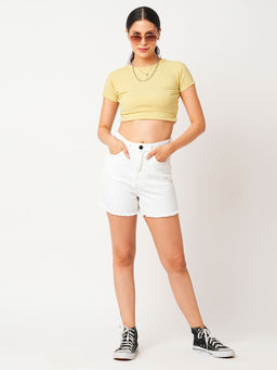 Globus - Women White Slim Fit High Rise Washed Frayed Denim Shorts