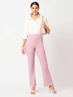 Globus - Women Dusty Pink Self Design Stretchable Mid-Rise Rib Knit Slim Fit Workwear Trouser