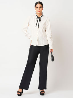 Globus - Women Black Stretchable Mid-Rise Wide Flared Fit Workwear Trouser