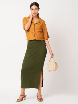 Globus - Women Dark Olive High-Rise Stretchable Side Slit Workwear Maxi Pencil Skirt
