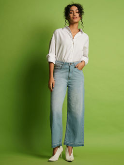 Globus - Women Light Blue Whisker Effect Wide Leg Jeans