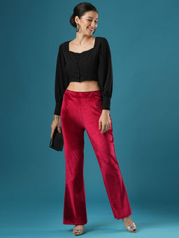 Globus - Women Red Velvet Mid Rise Stretchable Slim Fit Flared Party Trouser