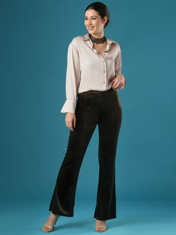 Globus - Women Olive Velvet Mid Rise Stretchable Slim Fit Flared Party Trouser