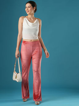 Globus - Women Peach Velvet Mid Rise Stretchable Slim Fit Flared Party Trouser