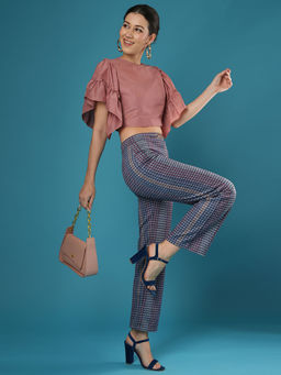 Globus - Women Navy Blue Canvas Hazzy Printed Mid Rise Stretchable Straight Fit Workwear Trouser