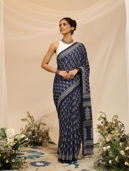Garden VARELI - Women's Pure Cotton Navy Blue Venkatgiri Saree with Unstitched Blouse