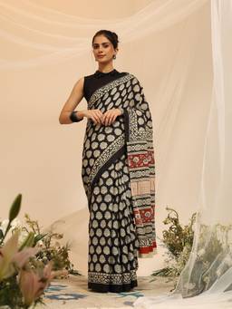 Garden VARELI - Women's Pure Cotton Black Venkatgiri Saree with Unstitched Blouse
