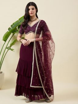 Aritri - Wine Embellished Tiered Lehenga and Stitched blouse with Dupatta