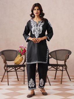 Kashmir Box - Aari Black Embroidered Polyester Round Neck Co-ord Set