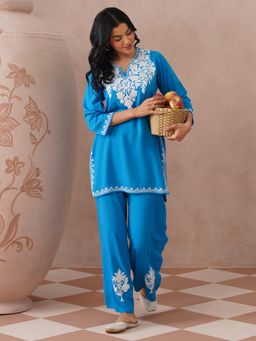 Kashmir Box - Aari Embroidered Blue Rayon Round Neck Co-ord Set