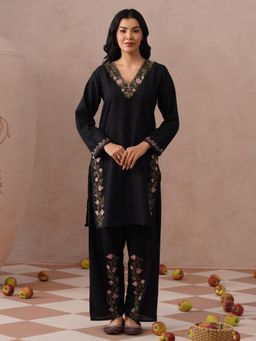 Kashmir Box - Aari Embroidered Black Ruby Cotton V-Neck Co-ord Set