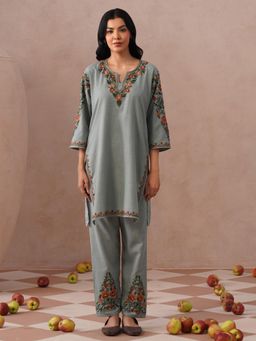 Kashmir Box - Aari Embroidered Grey Ruby Cotton Round Neck Co-ord Set