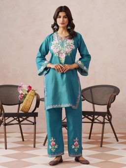 Kashmir Box - Aari Teal Embroidered Polyester Round Neck Co-ord Set