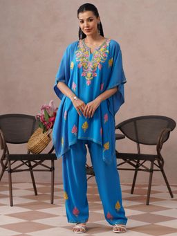 Kashmir Box - Aari Embroidered Blue Rayon Round Neck Kaftan Kurti with Pant