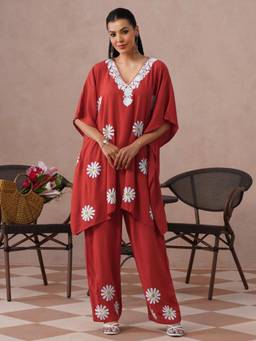 Kashmir Box - Aari Embroidered Red Rayon V-Neck Kaftan Kurti with Pant